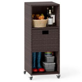 Mix Brown PE Rattan Outdoor Storage Cabinet, 3-Shelf With Removable Drawer & Lockable Wheels