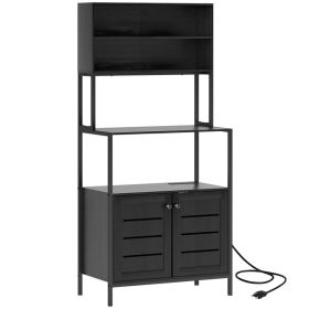Baker's Rack with Power Outlet and Storage Shelves, Microwave Stand with Louvred Door Cabinets, Black