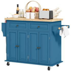 Kitchen Island on Wheels, Rolling Cart with Rubberwood Top, Spice Rack, Towel Rack and Drawers, Turquoise