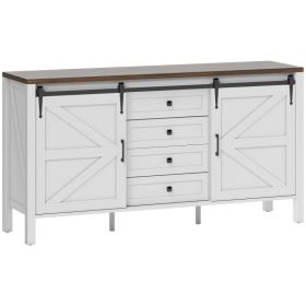 59" Buffet Cabinet, Farmhouse Sideboard with Thick Top, 2 Barn Doors, 4 Drawers and 2 Adjustable Shelves, White