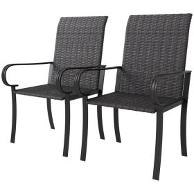 Set of 2 Outdoor Wicker Dining Chairs with Armrest, Steel Frame, High Back and Deep Seating, Brown