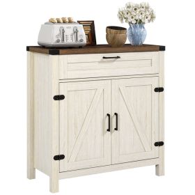 Modern Farmhouse Sideboard with Storage, Buffet Cabinet with 2 Barn Doors and Drawer for Dining Room, Distressed White
