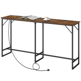 70" Bar Table with Charging Station, Industrial Rectangular Bar Height Pub Table with Steel Frame, Rustic Brown