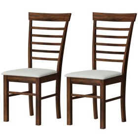 Wooden Dining Chairs Set of 2, Farmhouse Upholstered Kitchen Chairs with Rubber Wood Frame, Dark Brown and Beige