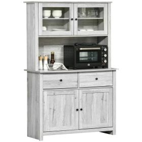 63.5" Kitchen Buffet with Hutch, Pantry Storage Cabinet with 4 Shelves, Drawers, Framed Glass Doors, Open Microwave Countertop, Ash Grey